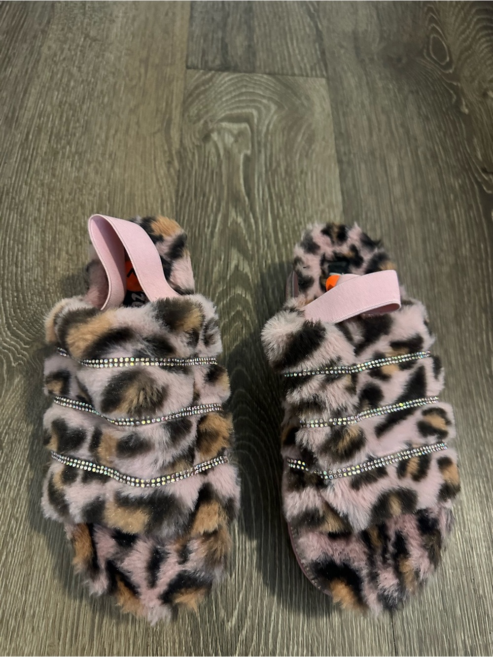 Pink Leopard Faux-Fur Ruffled Slide Sandals with Rhinestone Straps - Picture 2 of 9